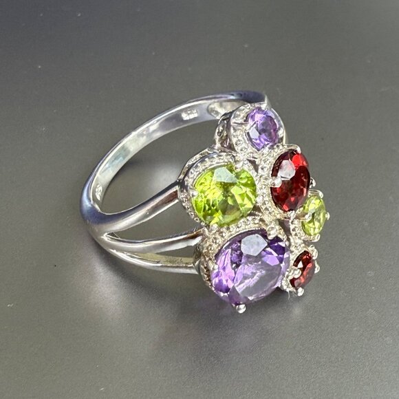 Sterling Silver Multi Stone Crystal Ring Cluster Ring 10 - Picture 2 of 5